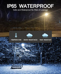 60000 Lumen Solar Street Light Outdoor Waterproof IP65 Dusk To Dawn With Motion Sensor And Remote Control No Fuss Wall Or Pole Mount Energy Saving Flood Light For Courtyards Gardens Streets And Garage showcasing waterproof feature in snowy conditions.
