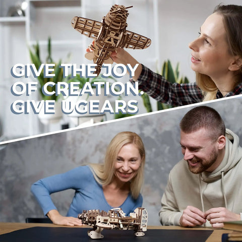 Vintage Wooden Airplane Model Kit With Wind Up Motor, 354-piece 3D wood plane in hands and on desk