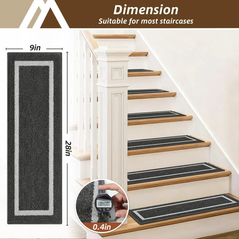 Soft Stair Treads Non Slip Carpet Mats 28 Inch By 9 Inch Indoor Stair Runners For Wooden Steps Kid And Pet Friendly No Glue Needed With TPE Backing 100 Percent Polyester 10 Pack in black installed on wooden stairs