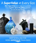 Super Tough Clear 13 Gallon Trash Bags 250 Count Bulk Stash Heavy Duty Tall Kitchen Liners Leak Resistant, shown in assorted sizes.