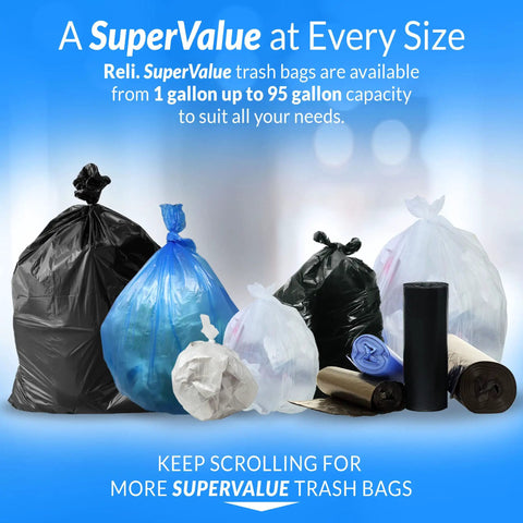 Super Tough Clear 13 Gallon Trash Bags 250 Count Bulk Stash Heavy Duty Tall Kitchen Liners Leak Resistant, shown in assorted sizes.