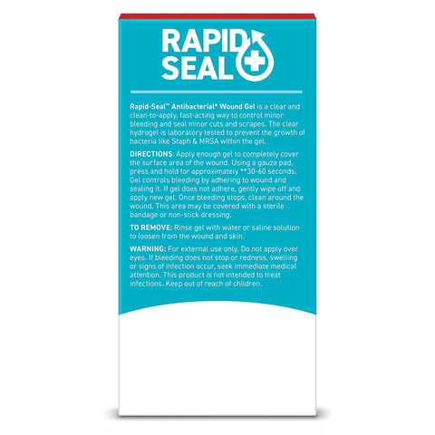 Rapid-Seal Clear Wound Gel packaging with instructions, part of Clear Wound Gel That Stops Bleeding In Seconds, Fast Acting First Aid Gel.