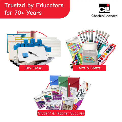 Assorted educational and arts supplies including dry erase boards, paints, colored pencils, trusted for 70 years by Charles Leonard.