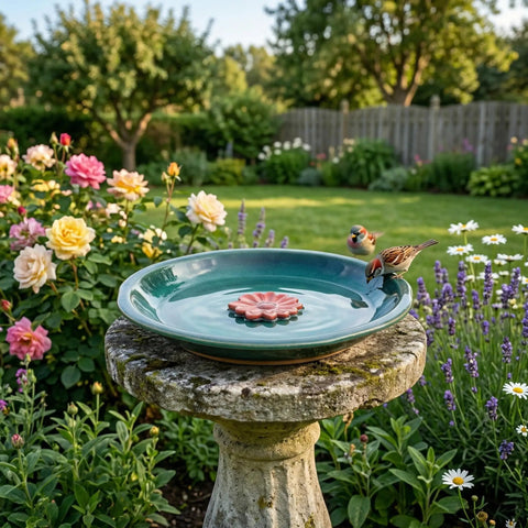 Ceramic Bird Bath And Feeder For Outdoor Gardens 12.2 Inch Diameter 2 Inch Depth Blue With Red Flower Shallow Bowl For Patio
