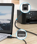 Legit Six Foot USB Replacement Cord For Provo Craft Cricut Explore Air One And Two Cutting Machines With Slick Anti Interference Magnet Ring For Straight Up Reliable Power connected between laptop and USB Type B printer.