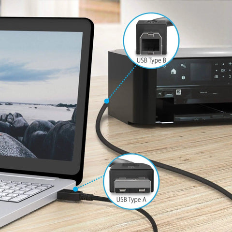 Legit Six Foot USB Replacement Cord For Provo Craft Cricut Explore Air One And Two Cutting Machines With Slick Anti Interference Magnet Ring For Straight Up Reliable Power connected between laptop and USB Type B printer.