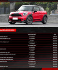Red BMW Mini Cooper vehicle with detailed compatibility chart for Heavy Duty Auxiliary Water Pump For BMW Mini Cooper Direct Swap Replacement 11537630368.