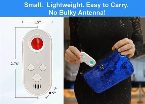 Pocket Hidden Camera Detector For Home And Travel Family Privacy Shield compact size shown with small blue pouch