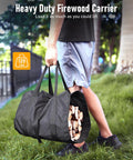 Man carrying Heavy Duty 34 Inch Firewood Rack For Indoor And Outdoor Use With Log Carrier And Kindling Hooks