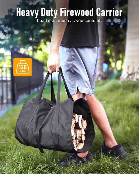 Man carrying Heavy Duty 34 Inch Firewood Rack For Indoor And Outdoor Use With Log Carrier And Kindling Hooks