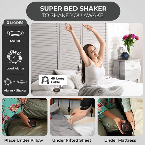 Heavy Duty Alarm Clock For Stubborn Sleepers With Rock Solid Bed Shaker Glaring Red Strobe Lights Serious Sonic Punch Adjustable Dual Morning Wake Calls With Backup Battery Reserve
