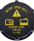 Ford Compatible Coolant Reservoir Cap Direct Replacement For Select Models Engine Cooling System Sealed And Leak Proof Easy Install OEM Style Fit Keeps Pressure And Prevents Overflow, top view with caution symbols
