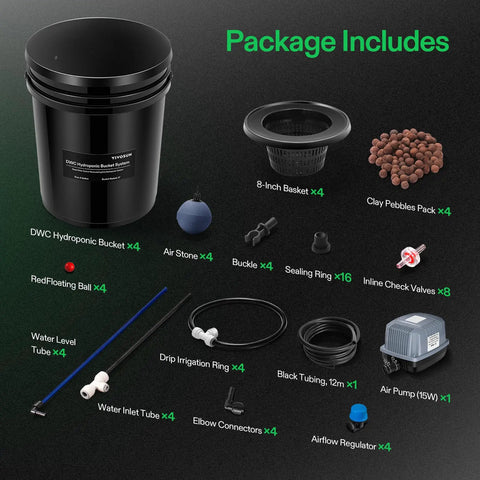 Package contents of Deep Water Culture Hydroponics System With Top Drip Kit For Four Buckets 5 Gallon DWC Grow Kit, including air pump and hoses.