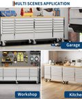 No Nonsense 96 Inch Rolling Tool Chest Workbench With Solid Rubberwood Top And 24 Lockable Drawers On Wheels for garage, workshop, and kitchen use.