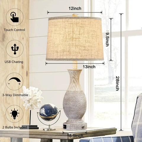 28 Inch Farmhouse Table Lamps Set Of 2 With USB Ports And 3 Way Dimmable Nightstand Lighting, oatmeal linen shade, rustic base