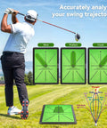 Golfer using Pro-Grade Indoor Outdoor Golf Practice Mat for Chipping and Swing Path Training, analyzing swing trajectory
