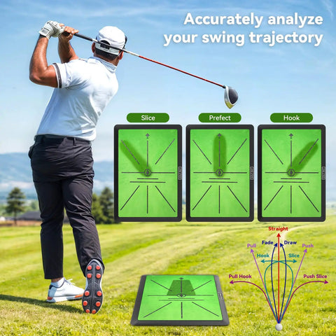 Golfer using Pro-Grade Indoor Outdoor Golf Practice Mat for Chipping and Swing Path Training, analyzing swing trajectory