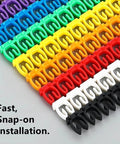 Colorful snap-on markers from Clip-On Cable Marker Kit For 1.5 To 6.0 mm2 Cables With Color Coded Imprint 0 To 9