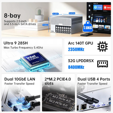 Eight Bay Desktop Nas Tower Armed With Intel Core Ultra 9 Chipset And Thirty Two Gb Ram Serving Up Knockout Speed, showing specifications and ports.