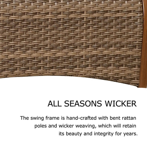 Close-up of handwoven wicker on Patio Porch Swing Chair For Two With Canopy Handwoven Wicker Outdoor Glider With Solar LED Light Cushions Durable UV Resistant Build Ideal Backyard Lounge And Chill Double Seat Swing