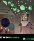 Child in cardboard space helmet with glowing planets and stars, Glow In The Dark Space Wall Stickers Stars And Planets Set For Kids Room Ceiling Decals
