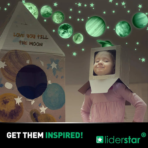 Child in cardboard space helmet with glowing planets and stars, Glow In The Dark Space Wall Stickers Stars And Planets Set For Kids Room Ceiling Decals