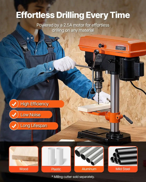 Person using 8 Inch Benchtop Drill Press With Five Speed Settings 750 1140 1740 2340 3200 RPM, 0-45 Degree Tilting Table, LED Work Light