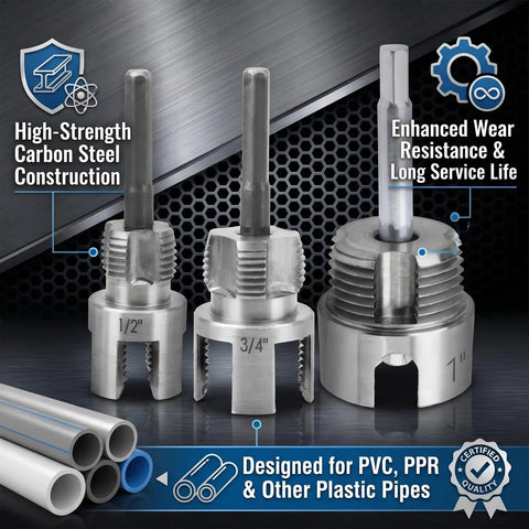Shuielai 3 Piece Pipe Threading Tool Kit With Electric Drill Compatible showing 1/2, 3/4, and 1 inch carbon steel cutters for pipe repairs.