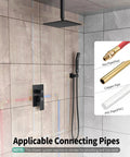 Bathroom with ceiling mounted shower system, matte black finish, rain shower head, pipes diagram showing Pex, Copper, and PVC options