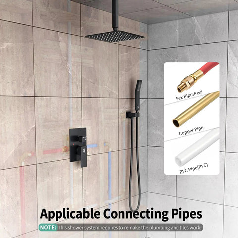 Bathroom with ceiling mounted shower system, matte black finish, rain shower head, pipes diagram showing Pex, Copper, and PVC options
