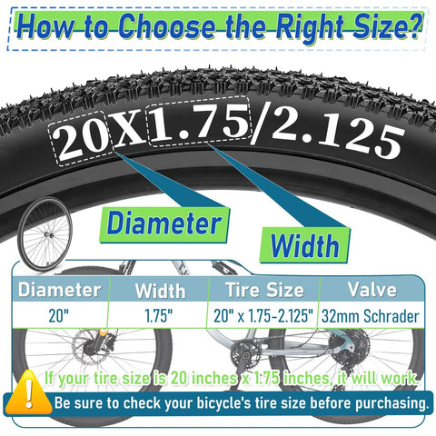Diagram showing tire size compatibility for Two Pack 20 Inch Bike Tubes With 32mm Schrader Valve For 20x1.75-2.125 Inch Tires