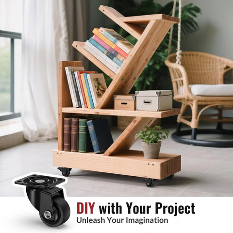 Low Profile One Inch Caster Wheels For Furniture Set Of Four Big Time Mobility With Zero Fuss TPR Rubber Cabinet Casters Floor Safe on a stylish wooden bookshelf.