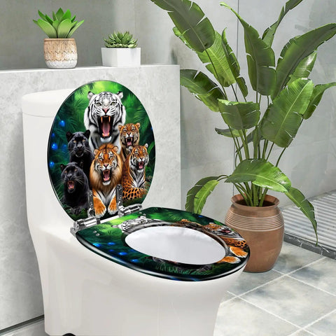 Toilet Seat Round Slow Close Bathroom Replacement featuring wild animal designs, durable resin, with vibrant green background.