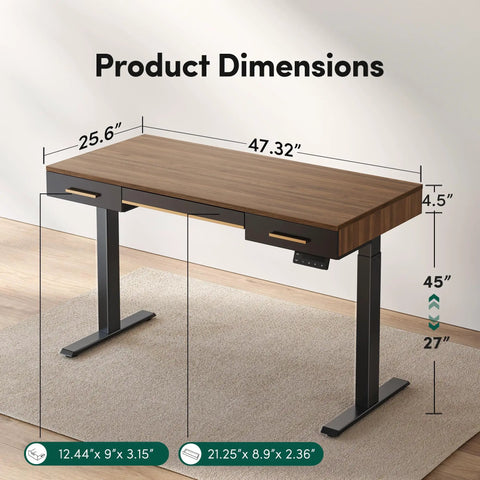 Slick Electric Sit Stand Desk With 3 Integrated Drawers Gives Your Home Office An Ace Upgrade, showing product dimensions on a black walnut surface.