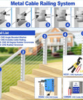 Diagram of a metal cable railing system with labeled components including 50 Pack 3/8 Inch Angle Beveled Cable Railing Washers 25 30 35 Degree Set.