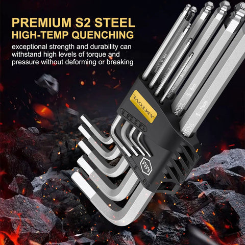Close-up of 27-Piece Magnetic Allen Wrench Set with Extra-Long Ball End Hex Keys S2 Steel, showing durability benefits.