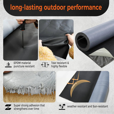Heavy Duty 50mil EPDM Rubber Roof Membrane Peel And Seal Underlayment Roll For Flat Roofs Patios And Metal Structures With Textured Grip Coating Stops Leaks Dead In Their Tracks Today, showing puncture resistant material and flexible use.