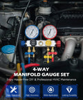 Four Way AC Diagnostic Manifold Gauge Kit With Five Foot Hoses For R134A R410A R22 Complete Gauge Set Includes Color Coded Hoses Quick Couplers Adapters And Puncture Style Can Tap For Easy Refrigerant Service. shown on car engine