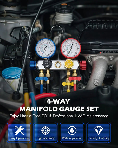 Four Way AC Diagnostic Manifold Gauge Kit With Five Foot Hoses For R134A R410A R22 Complete Gauge Set Includes Color Coded Hoses Quick Couplers Adapters And Puncture Style Can Tap For Easy Refrigerant Service. shown on car engine