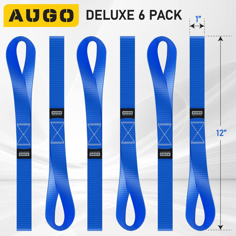 Six Pack Soft Loop Tie Down Straps For Securing ATVs UTVs Motorcycles Scooters Dirt Bikes And Lawn And Garden Equipment Heavy Duty 1500 Lb Load Capacity And 4500 Lb Break Strength in blue, 12 inches long