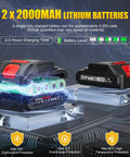 Image showing two 2000mAh lithium batteries with charging information for Heavy Duty 3 In 1 Cordless Staple Gun Runs On 21V Power.