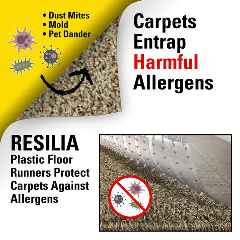 Industrial Deep Pile Carpet Runner With Crosshatch Pattern Non Slip Protector Mat Waterproof Clear Vinyl Floor Covering 24 Inches Wide By 25 Feet Long Made In USA protects against allergens like dust mites, mold, and pet dander with a close-up of the clear runner shielding carpet pile.