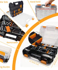 Ready To Roll All In One Heavy Duty Hitch Pins Kit With PTO And Cotter Pins For Trailers Tractors And Trucks Farm And Lawn Gear Snow Plows Rust Resistant Zinc Plated Steel Double Sided Toolbox Included showing open and closed toolbox with organized pins.