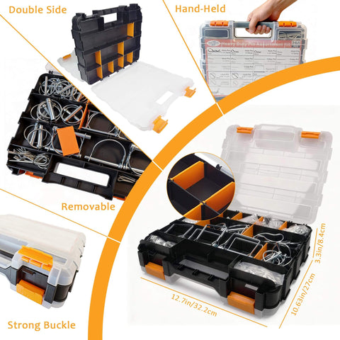 Ready To Roll All In One Heavy Duty Hitch Pins Kit With PTO And Cotter Pins For Trailers Tractors And Trucks Farm And Lawn Gear Snow Plows Rust Resistant Zinc Plated Steel Double Sided Toolbox Included showing open and closed toolbox with organized pins.