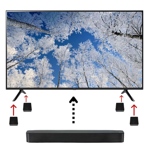 Four Pack Stackable TV Stand Riser Blocks With Half Inch Adjustable Height, Rock Solid supports under TV and soundbar for clearance.