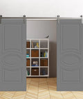 Double Barn Door Set 84 By 96 Inches With 13 Foot Silver Rail Track Grey Painted Solid Panel Interior Doors Includes Hardware Pack Floor Guide Stop Anti Jump Pins Sleek Modern Sliding Door For Room Or Closet shown in modern living space.
