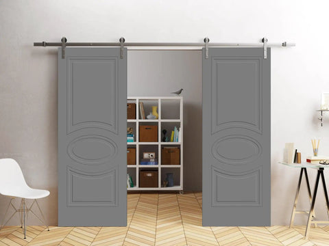Double Barn Door Set 84 By 96 Inches With 13 Foot Silver Rail Track Grey Painted Solid Panel Interior Doors Includes Hardware Pack Floor Guide Stop Anti Jump Pins Sleek Modern Sliding Door For Room Or Closet shown in modern living space.