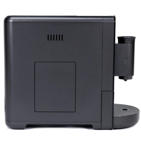 Game Changer Automatic Espresso Machine Packing Built In Milk Frother side view in glossy black finish, showcasing design features.