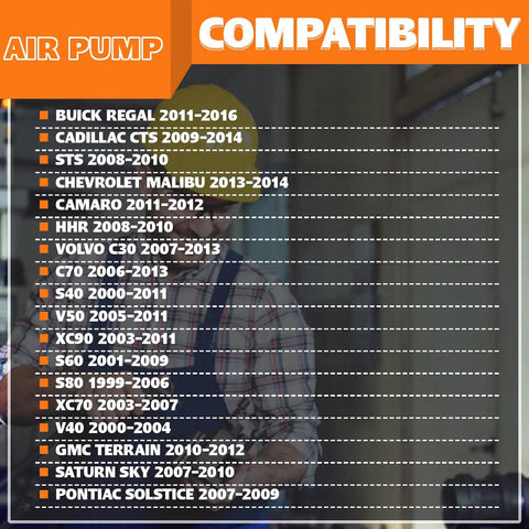 Air pump compatibility list for multiple GM and Volvo models, showcasing parts for reliable installs.