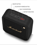 Black and brass Willen II Portable Bluetooth Speaker with rugged waterproof and dust proof design, showing buttons and microphone.